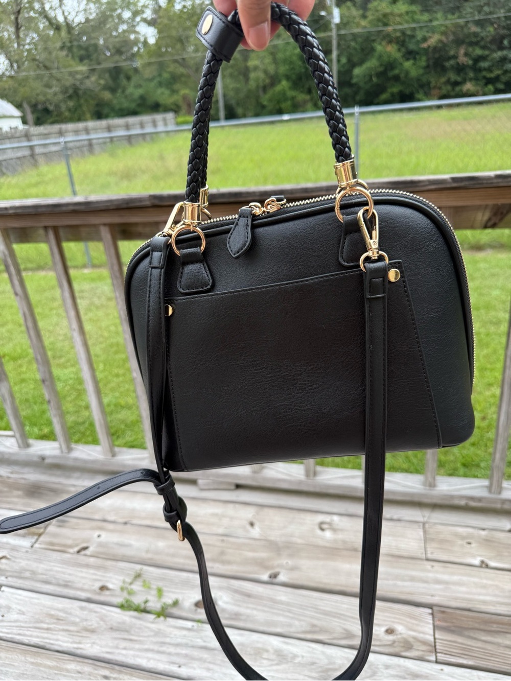 Madison West Black Braided-Handle Shoulder Bag with Gold Hardware Accent